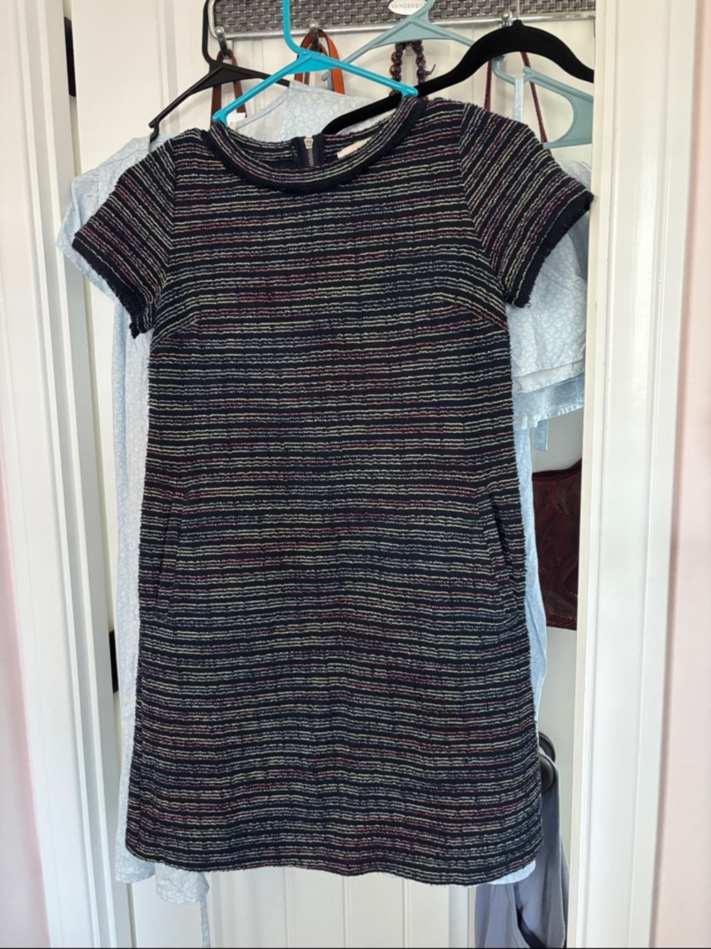 LOFT Black Knit Short-Sleeve Stripe Dress with Pink and Blue Accents